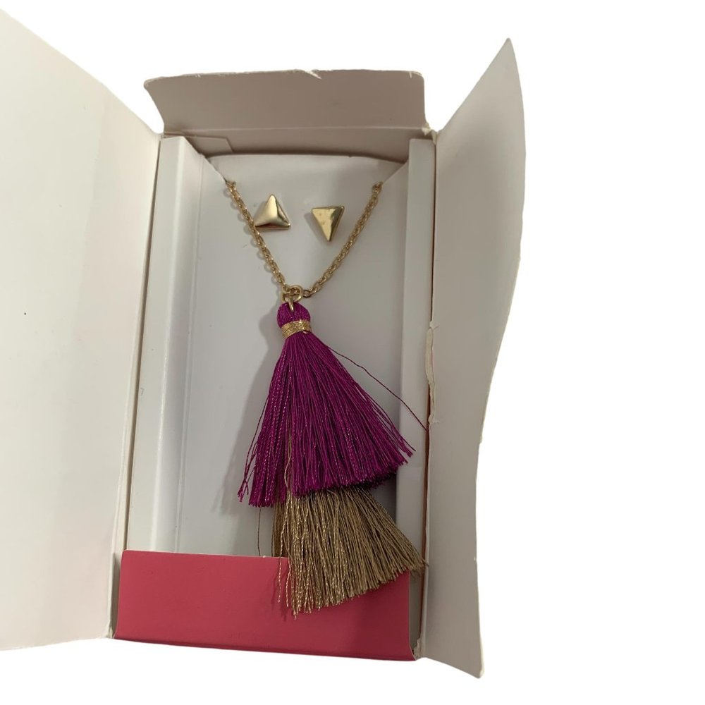 Lily Sky Tassel Necklace Triangle Earring Stud Set Gold Tone 22" Adjustable Boho